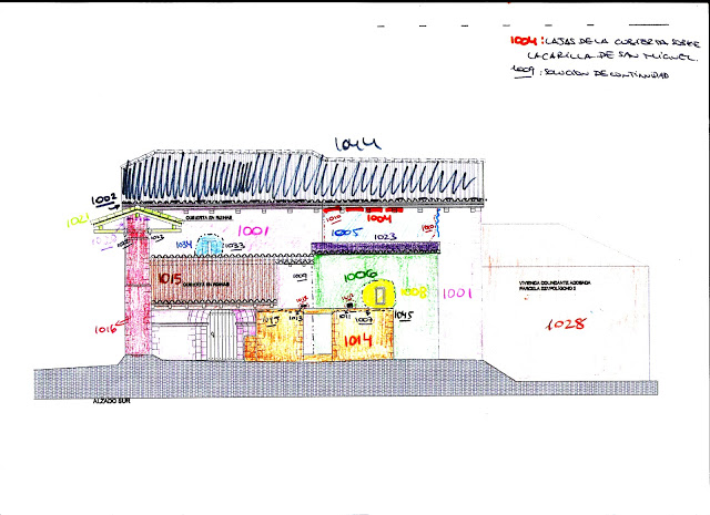 Croquis estratigráfico inicial sobre los planos de obra de la Iglesia (Foto de Ondare Babesa, S.L.)